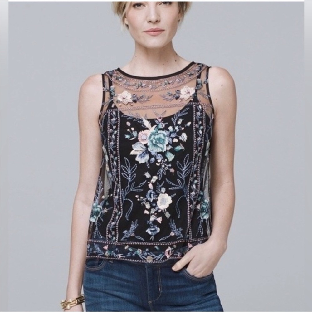White House Black Market NWT embroidered mesh overlay top